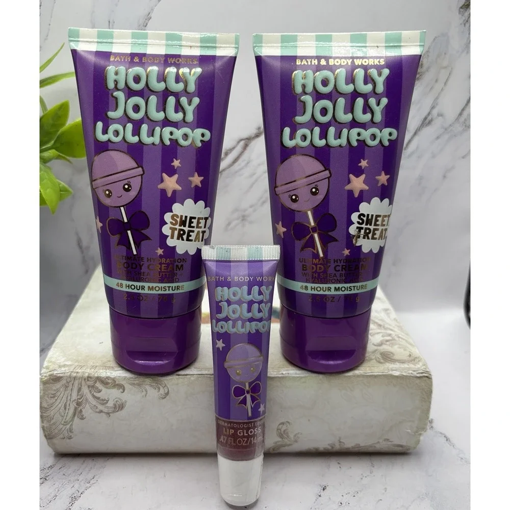 Bath & Body Works Holly Jolly Lollipop 3pc Set 2 Body Cream Lip Gloss New Sealed